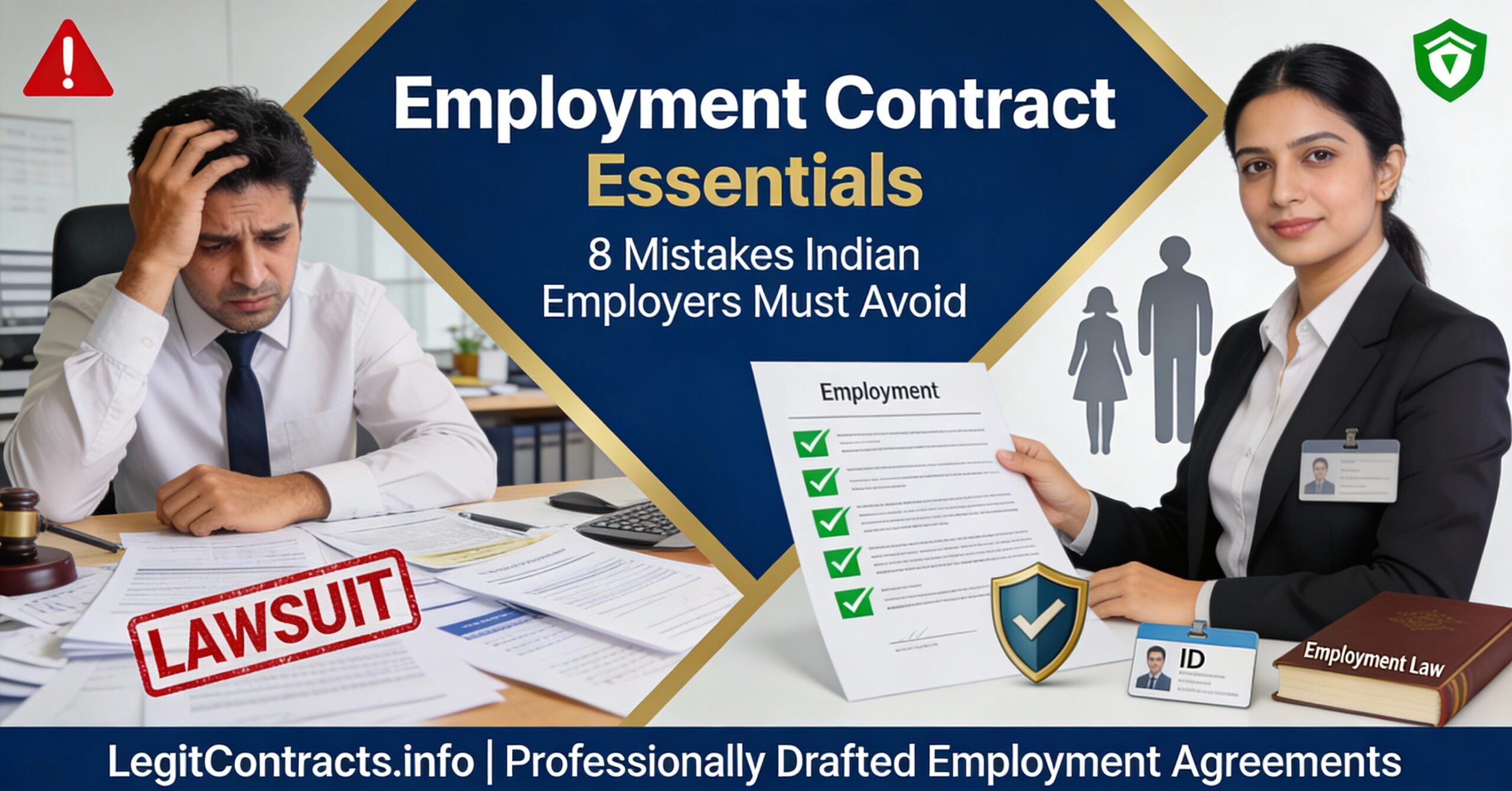 Visual representation of employment contract essentials highlighting mistakes Indian employers must avoid, with a male and female professional.
