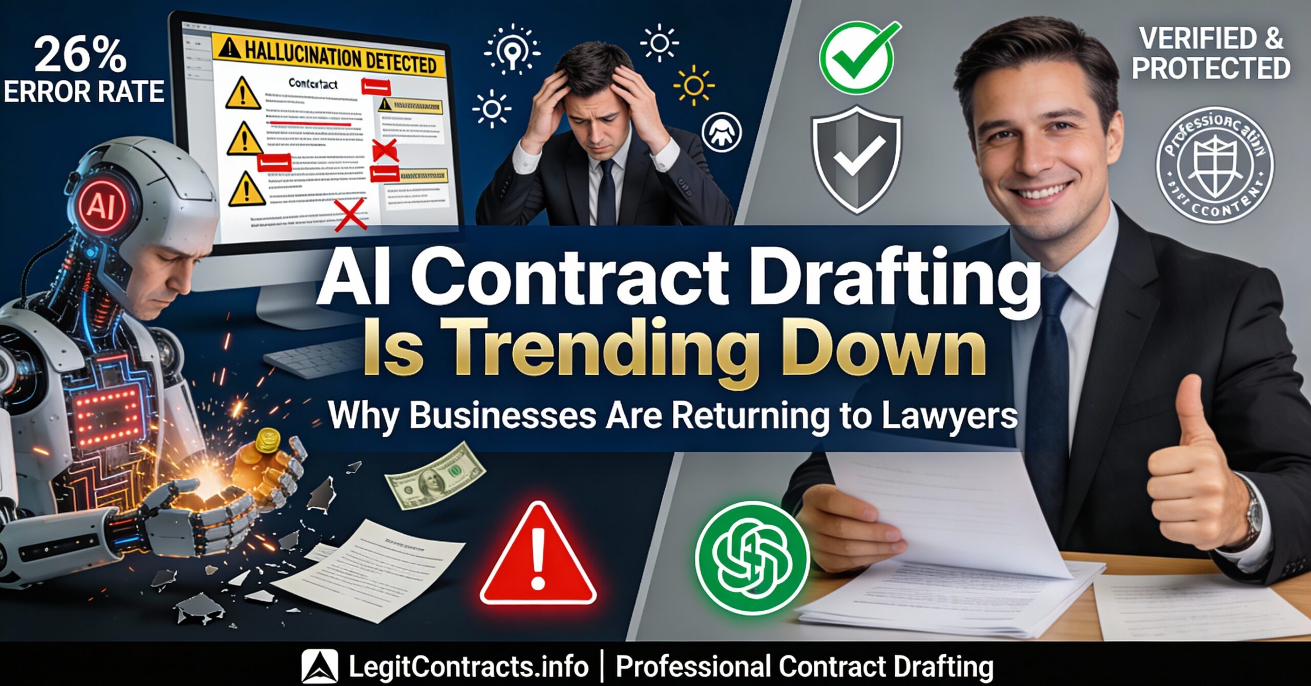 Graphic showing AI contract drafting error rates and the return to professional lawyer services for contract drafting.