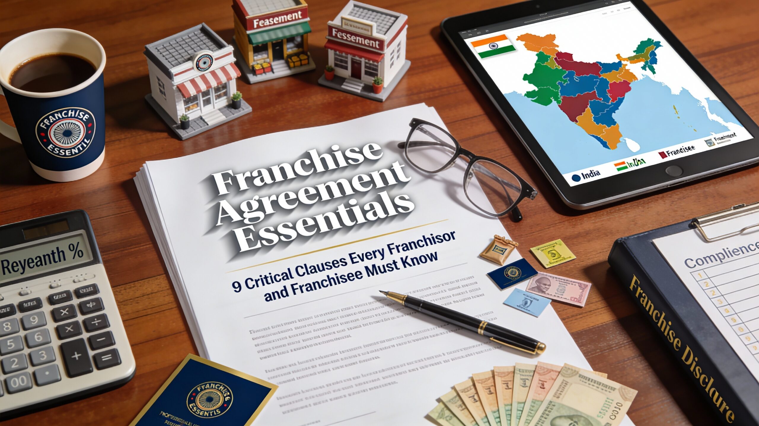 Franchise agreement document titled 'Franchise Agreement Essentials' with business elements and financial items displayed.