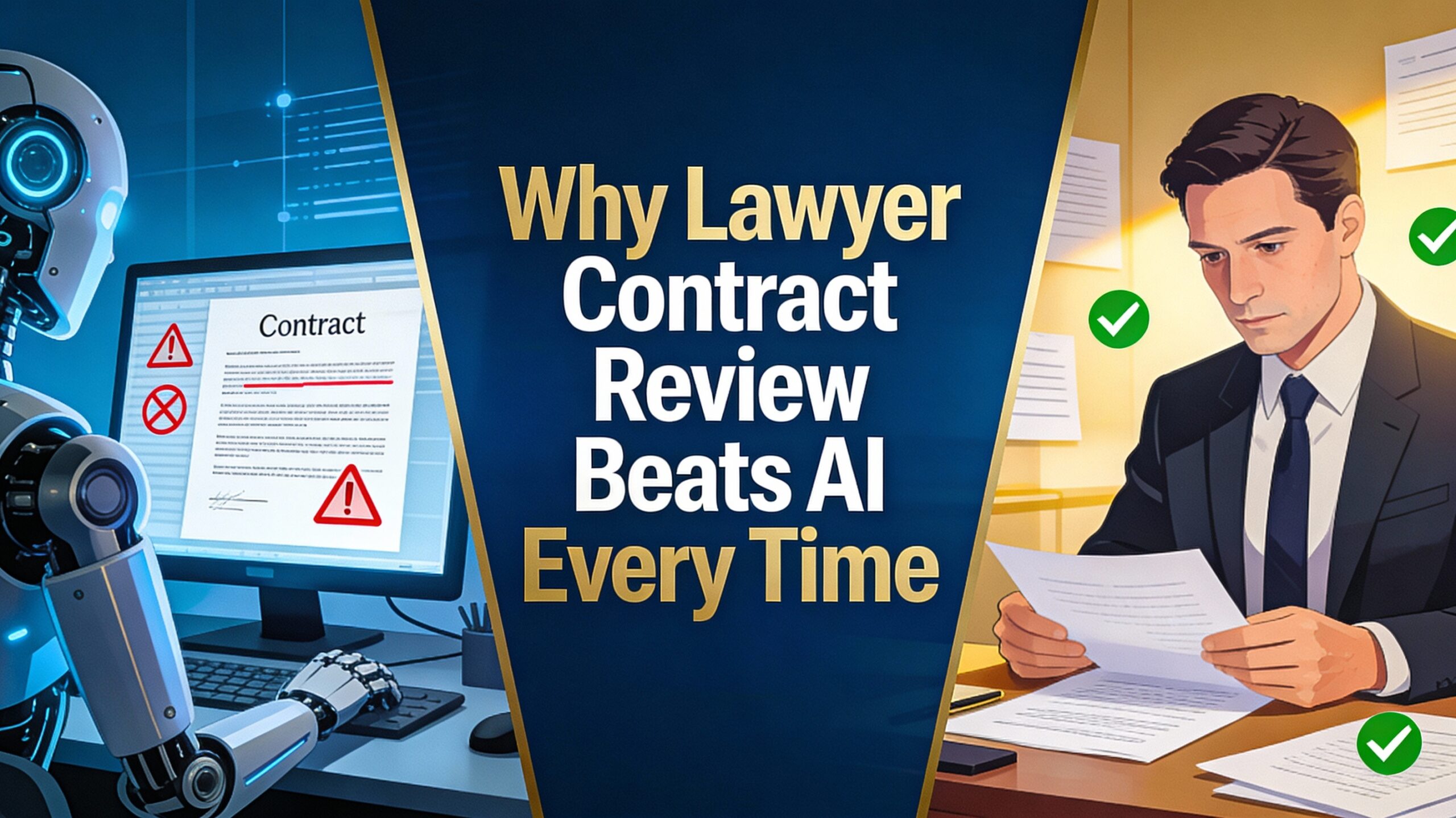 Split screen showing an AI robot interface on the left and a professional lawyer reviewing contracts on the right with bold text overlay.